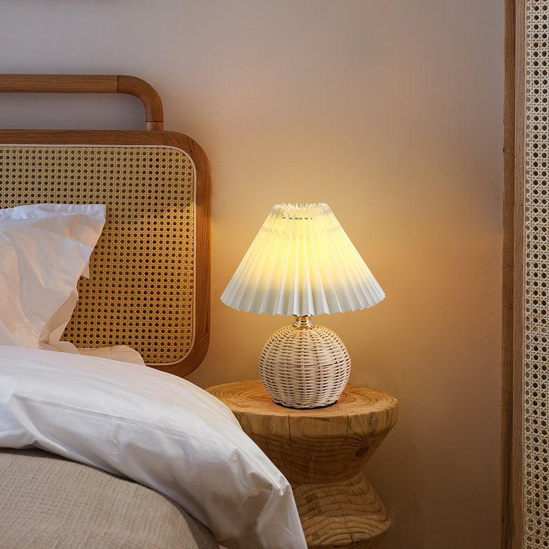Rattan Table Lamp with Pleated Fabric Shade, Dimmable LED 3W USB Desk Lamp, Atmospheric Scandinavian Design | Sansoti