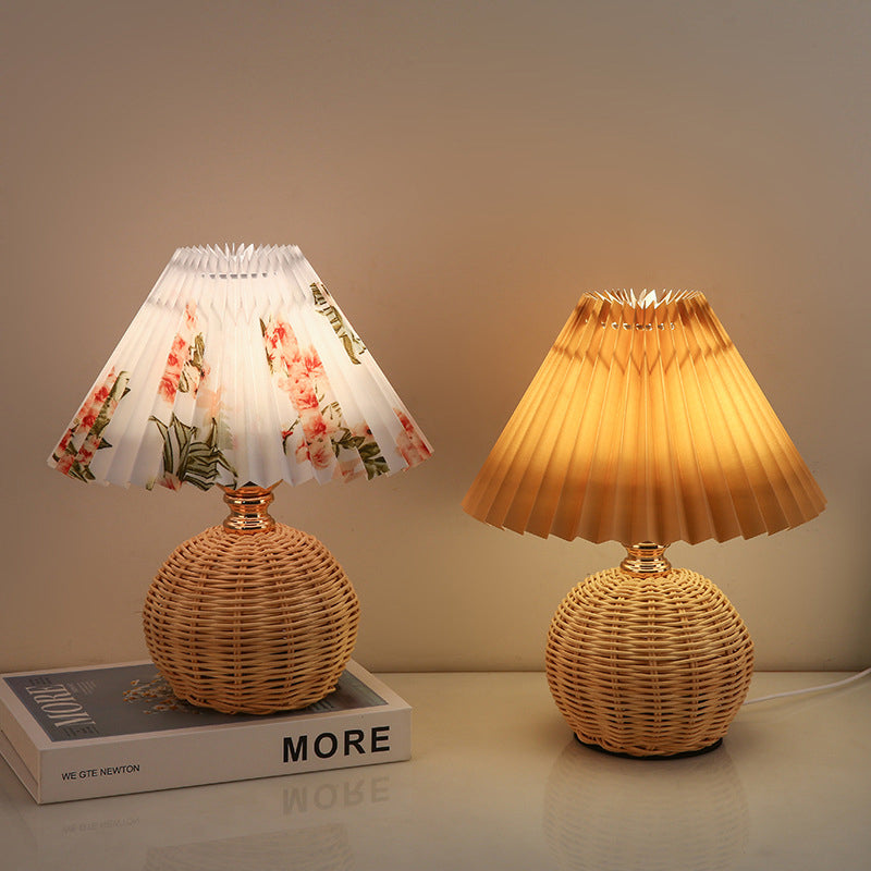 Rattan Table Lamp with Pleated Fabric Shade, Dimmable LED 3W USB Desk Lamp, Atmospheric Scandinavian Design | Sansoti