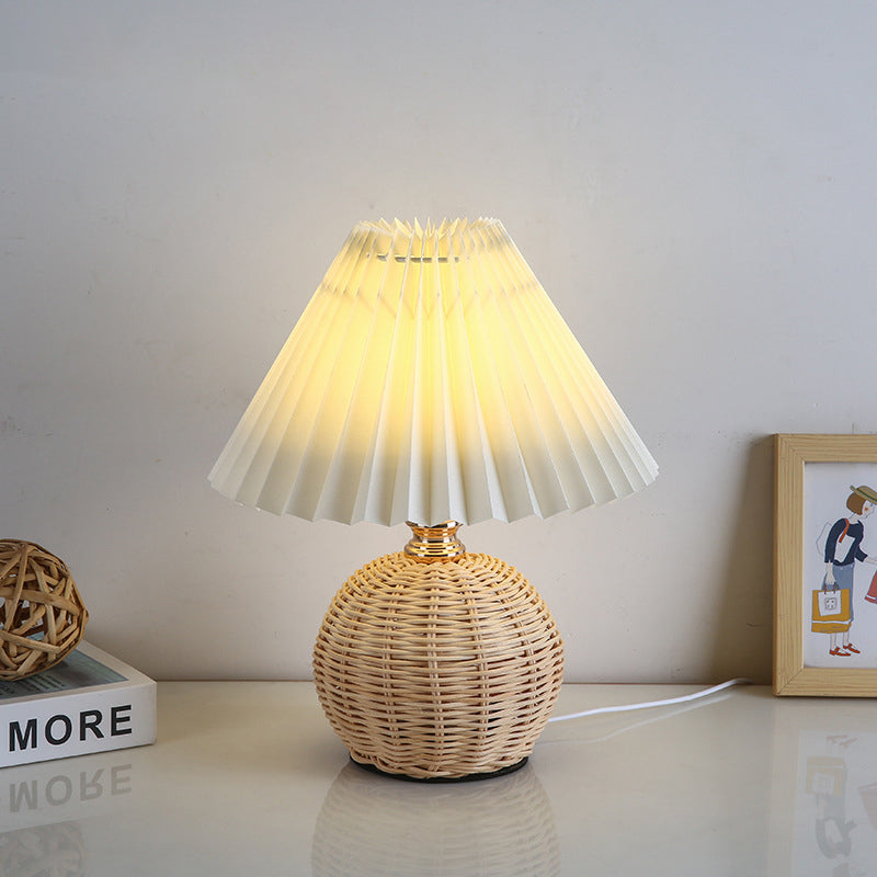 Rattan Table Lamp with Pleated Fabric Shade, Dimmable LED 3W USB Desk Lamp, Atmospheric Scandinavian Design | Sansoti