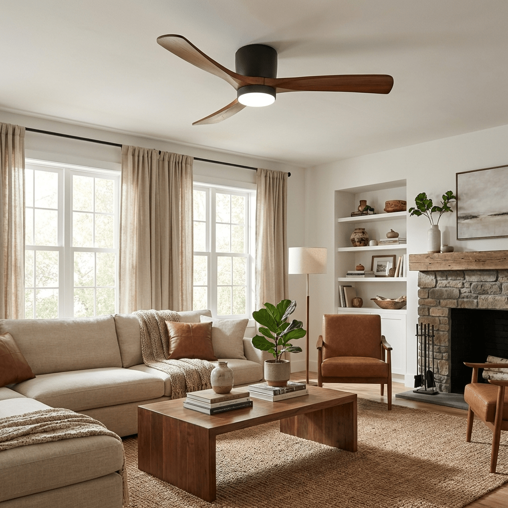 Ventilateur de plafond avec éclairage design scandinave en bois 106/122/132 cm dimmable avec télécommande ventilateur de plafond avec lampe LED lames en bois salon chambre salle à manger | Sansoti