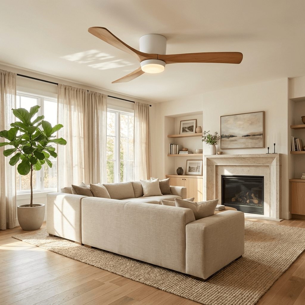 Ventilateur de plafond avec éclairage design scandinave en bois 106/122/132 cm dimmable avec télécommande ventilateur de plafond avec lampe LED lames en bois salon chambre salle à manger | Sansoti