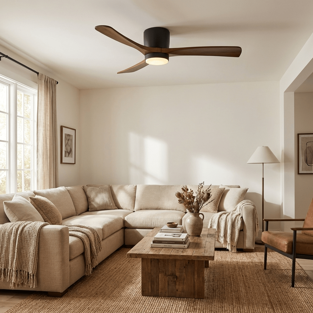 Ventilateur de plafond avec éclairage design scandinave en bois 106/122/132 cm dimmable avec télécommande ventilateur de plafond avec lampe LED lames en bois salon chambre salle à manger | Sansoti