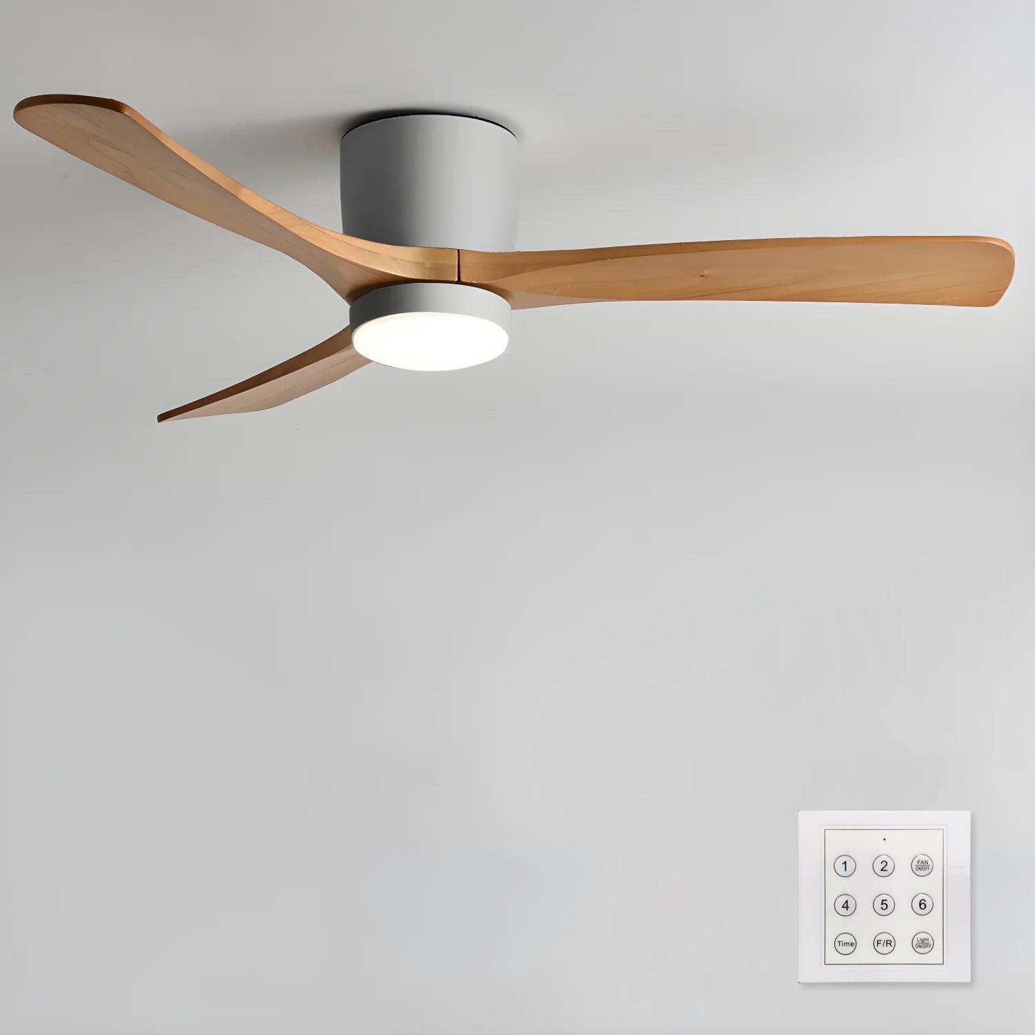 Ventilateur de plafond avec éclairage design scandinave en bois 106/122/132 cm dimmable avec télécommande ventilateur de plafond avec lampe LED lames en bois salon chambre salle à manger | Sansoti