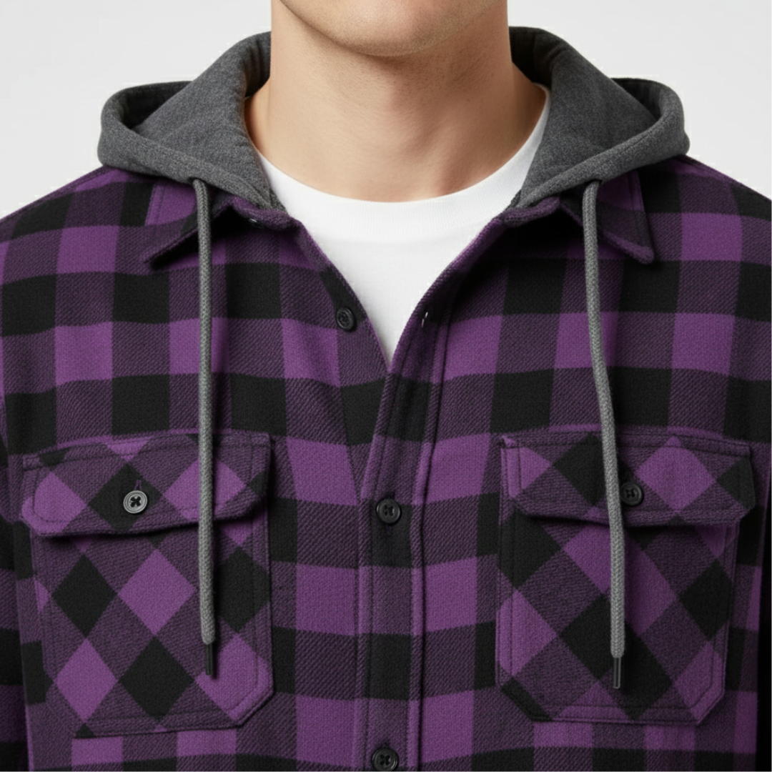 Koszula w kratę z kapturem, długim rękawem, z bawełny i poliestru, męska, streetwear, casual, na wiosnę i jesień, z kieszeniami | Sansoti