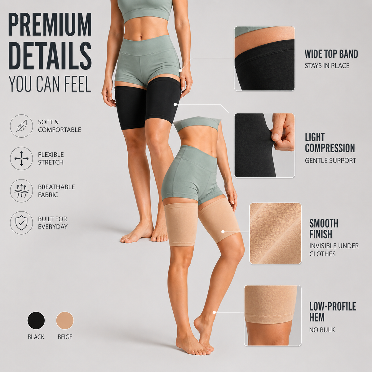 Ultra-Thin Compression Thigh Sleeves Beige Black Sports Support Unisex Breathable Fitness Training Running Sportswear | Sansoti
