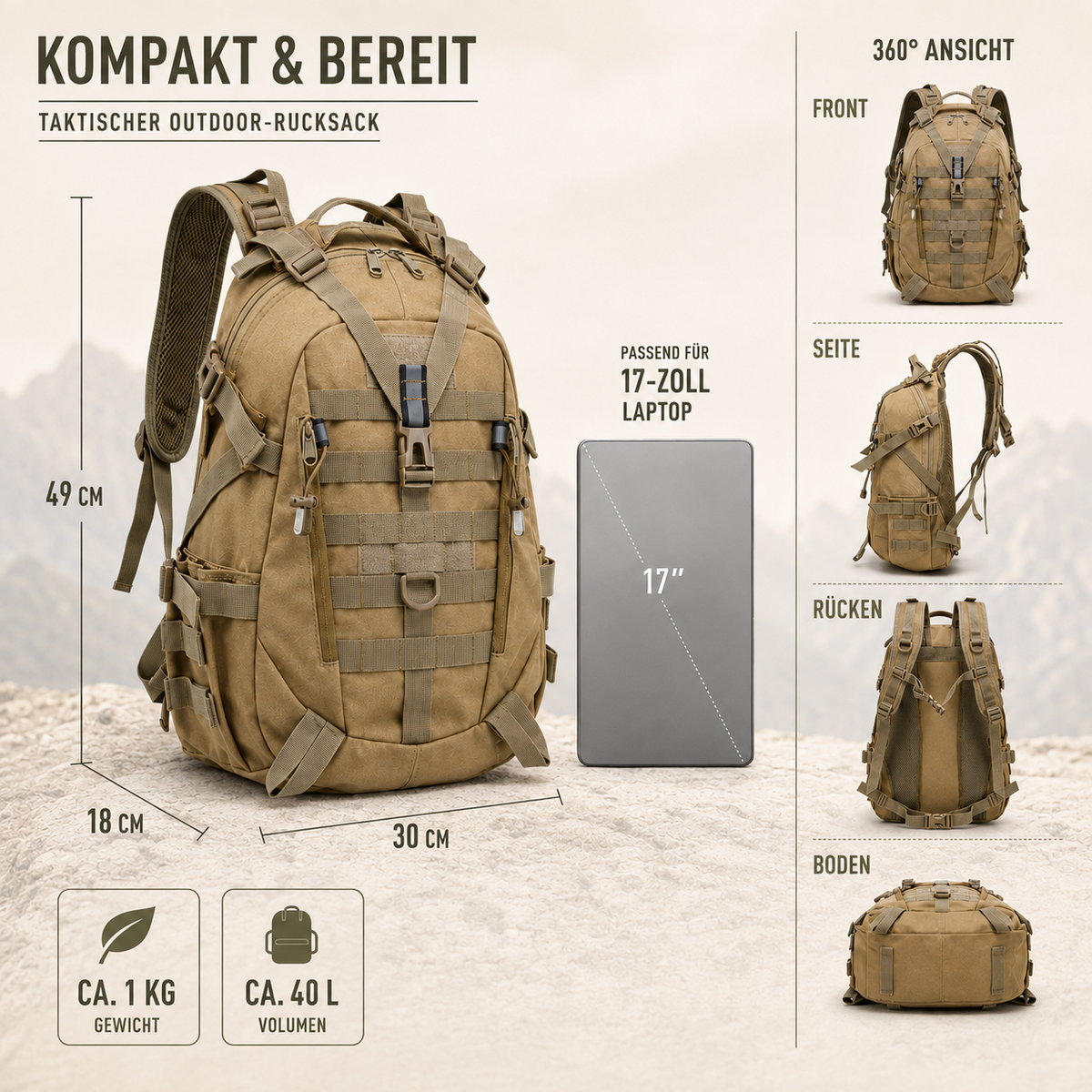 Tactical Backpack 40 Liters, Waterproof, with Laptop Compartment, Military Outdoor Hiking Backpack, Camouflage Black, Hiking | Sansoti