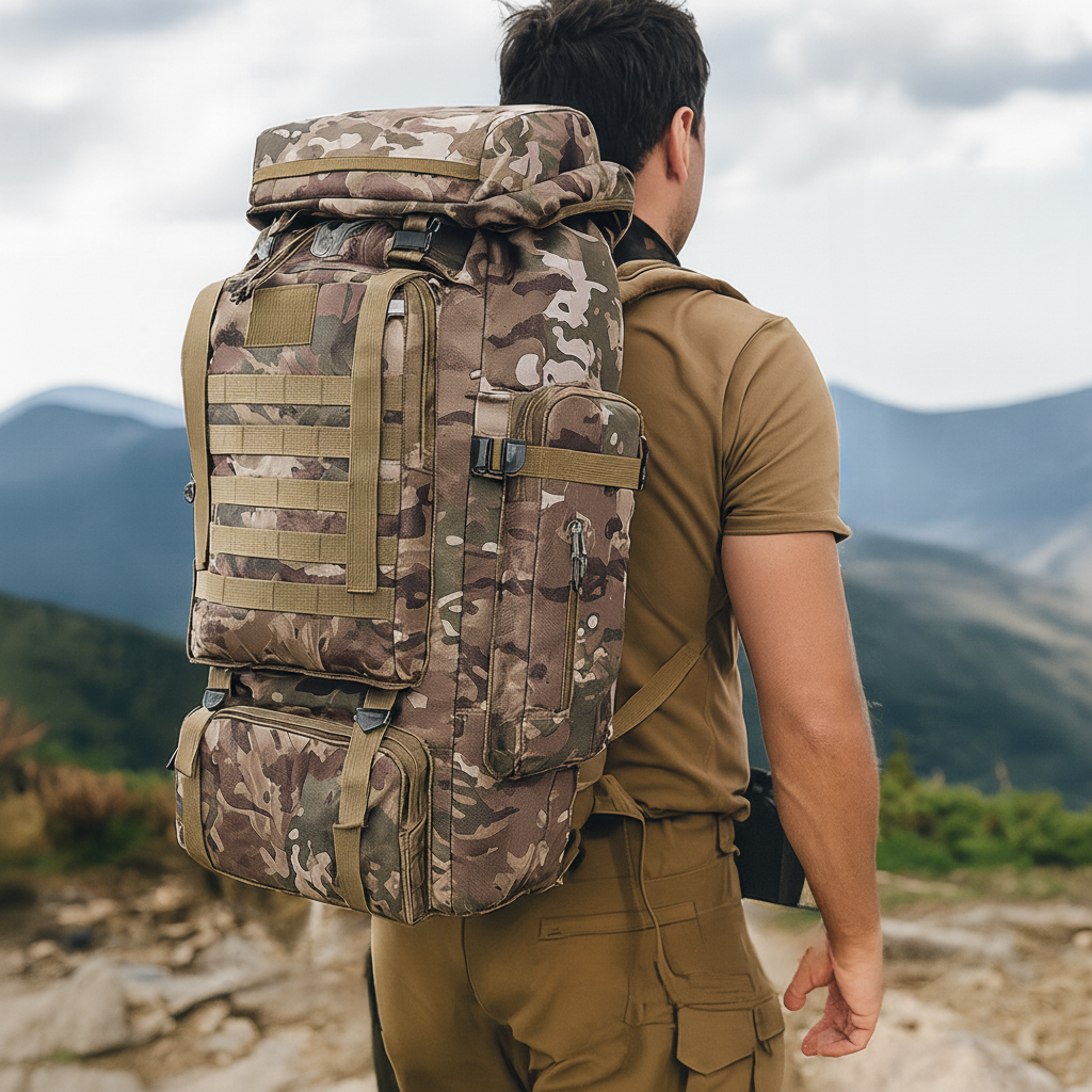 Sac à dos de trekking 80 litres avec système MOLLE ergonomique, sac à dos outdoor camouflage kaki noir pour randonnée | Sansoti