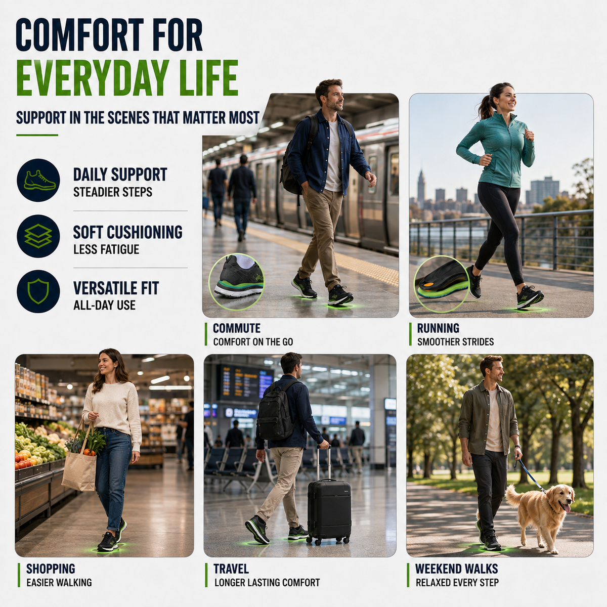 Ergonomically Contoured Arch Support Insoles with Shock Absorption for Optimal Everyday Walking Comfort | Sansoti