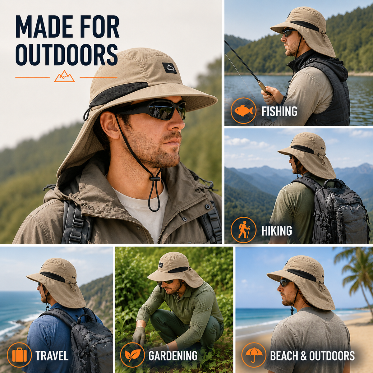 Sun Protection Hat with Neck Flap Breathable Quick-Drying UPF 50+ Hiking Fishing Outdoor Unisex Summer Hat | Sansoti