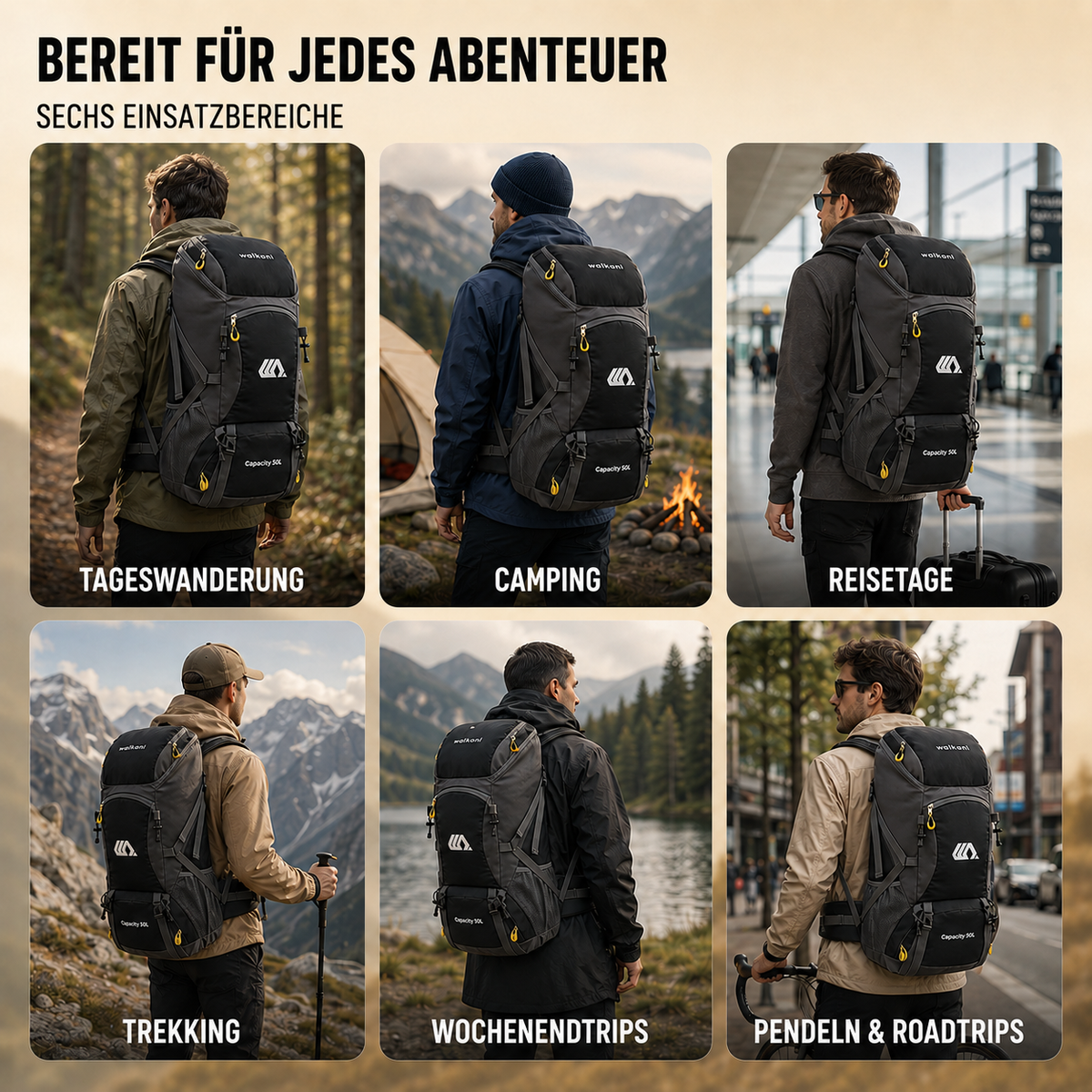 Sac à dos outdoor 50 L avec compartiment à chaussures, dos respirant, ceinture abdominale réglable et imperméable pour trekking | Sansoti