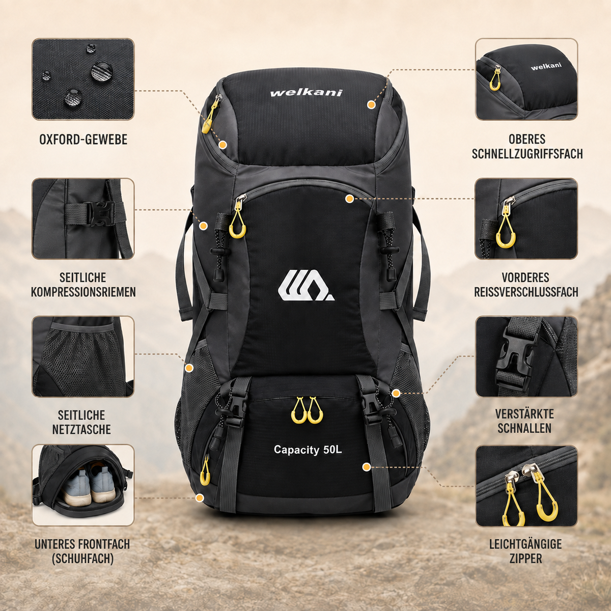 Sac à dos outdoor 50 L avec compartiment à chaussures, dos respirant, ceinture abdominale réglable et imperméable pour trekking | Sansoti