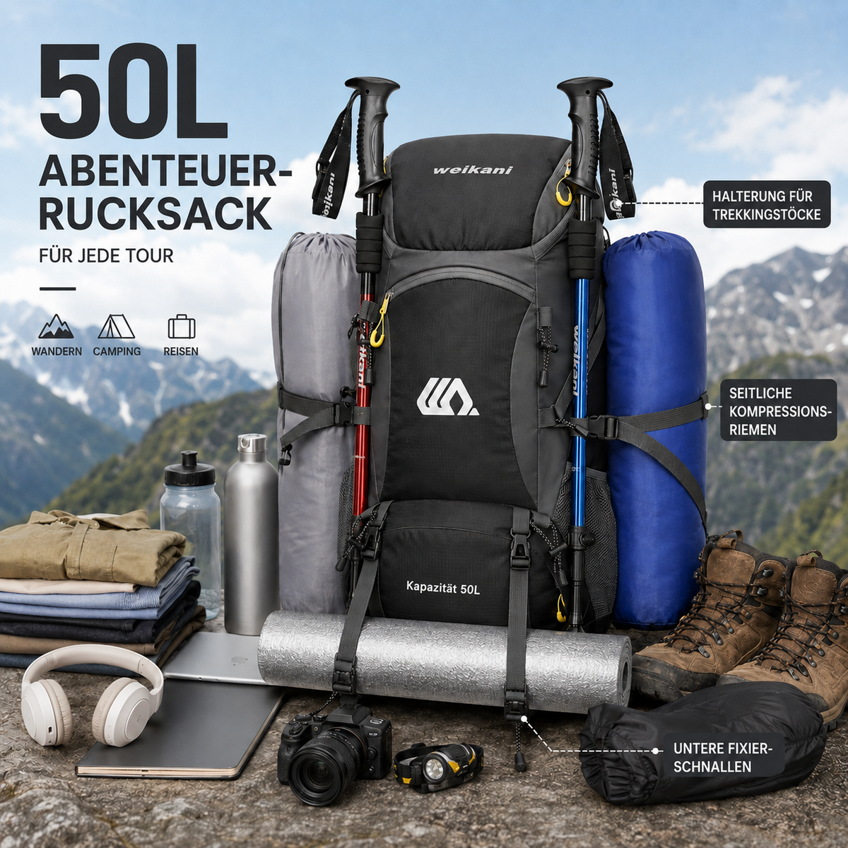 Sac à dos outdoor 50 L avec compartiment à chaussures, dos respirant, ceinture abdominale réglable et imperméable pour trekking | Sansoti