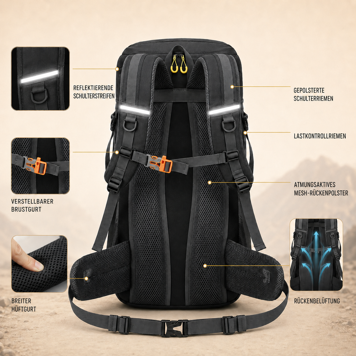 Sac à dos outdoor 50 L avec compartiment à chaussures, dos respirant, ceinture abdominale réglable et imperméable pour trekking | Sansoti