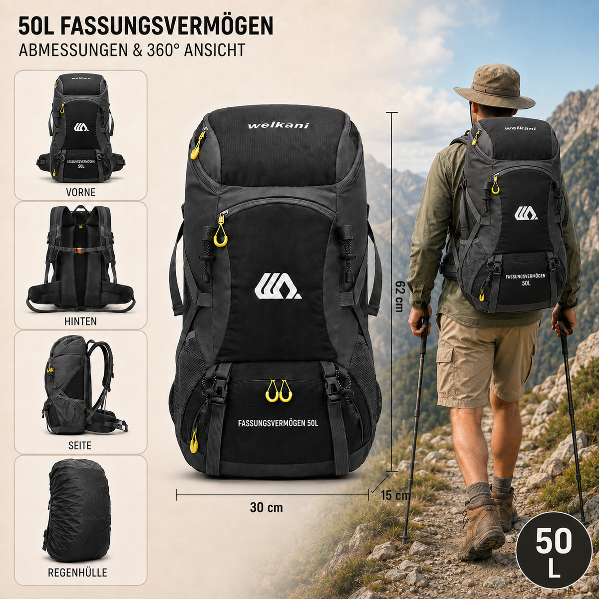 Sac à dos outdoor 50 L avec compartiment à chaussures, dos respirant, ceinture abdominale réglable et imperméable pour trekking | Sansoti
