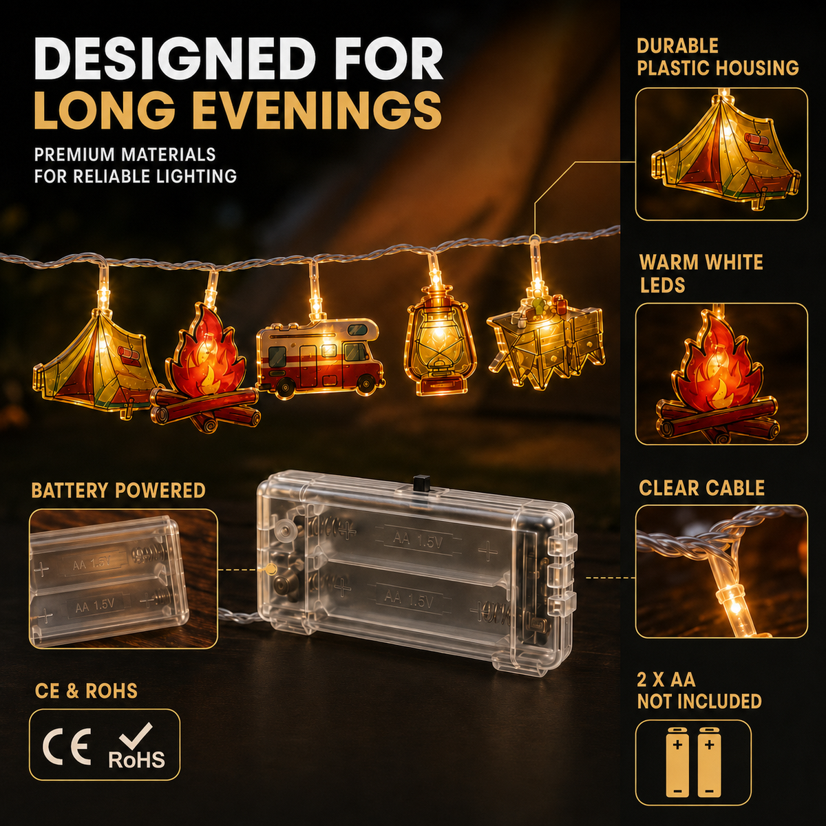 Dekorative LED-Lichterkette mit Campingmotiven, warmweißes Licht, stimmungsvolle Beleuchtung für draußen, drinnen und den Garten | Sansoti