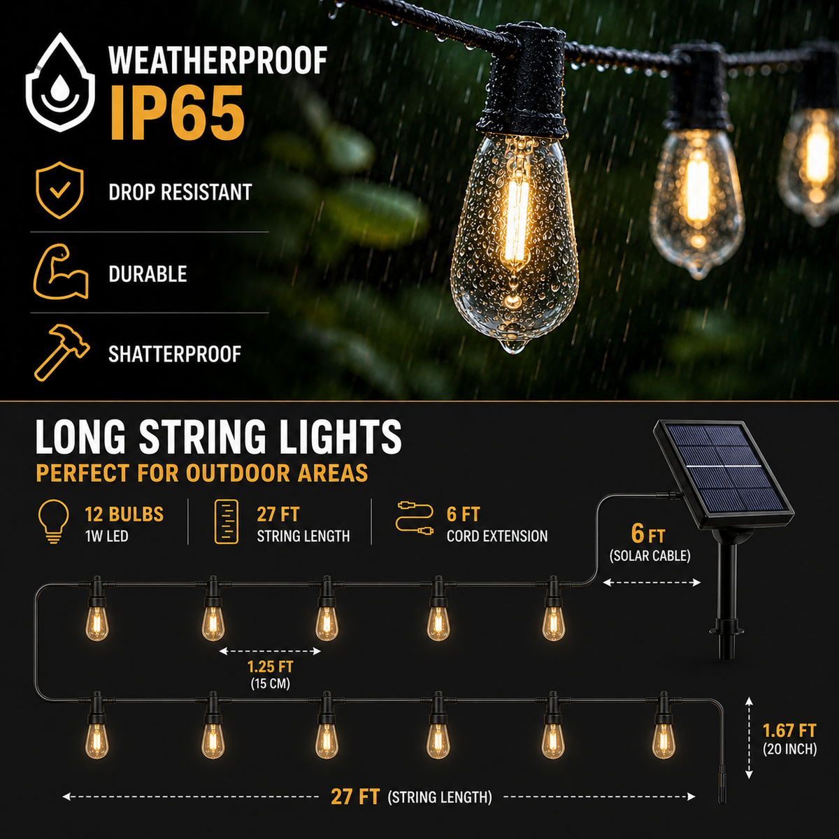 Solar-Powered Vintage Edison LED String Lights, 10 Meters, Waterproof IP65, Ambient Lighting for Garden, Patio, and Camping | Sansoti
