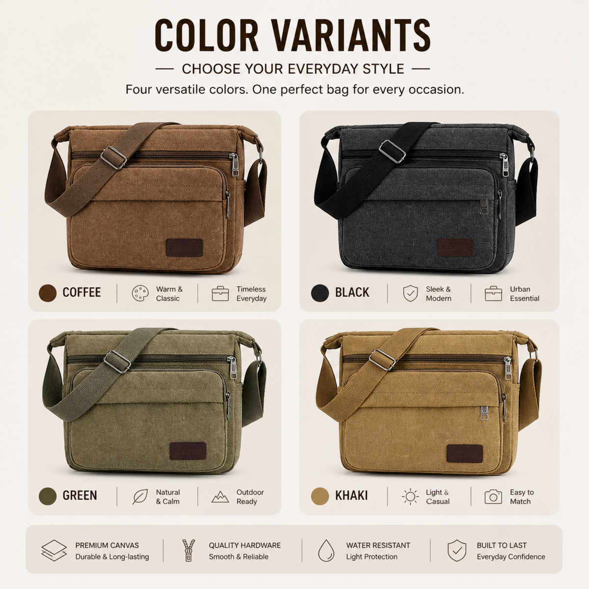 Canvas-Schultertasche, Crossbody, Vintage-Messenger, Unisex, verstellbar, Braun, Schwarz, Grün, für den täglichen Gebrauch | Sansoti