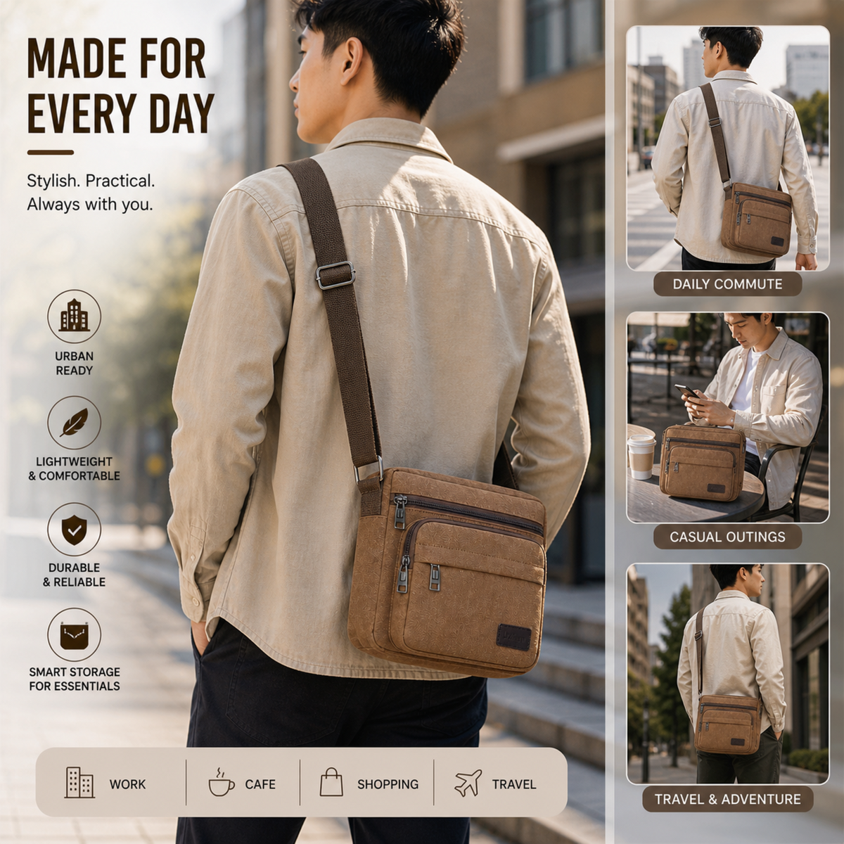 Canvas-Schultertasche, Crossbody, Vintage-Messenger, Unisex, verstellbar, Braun, Schwarz, Grün, für den täglichen Gebrauch | Sansoti