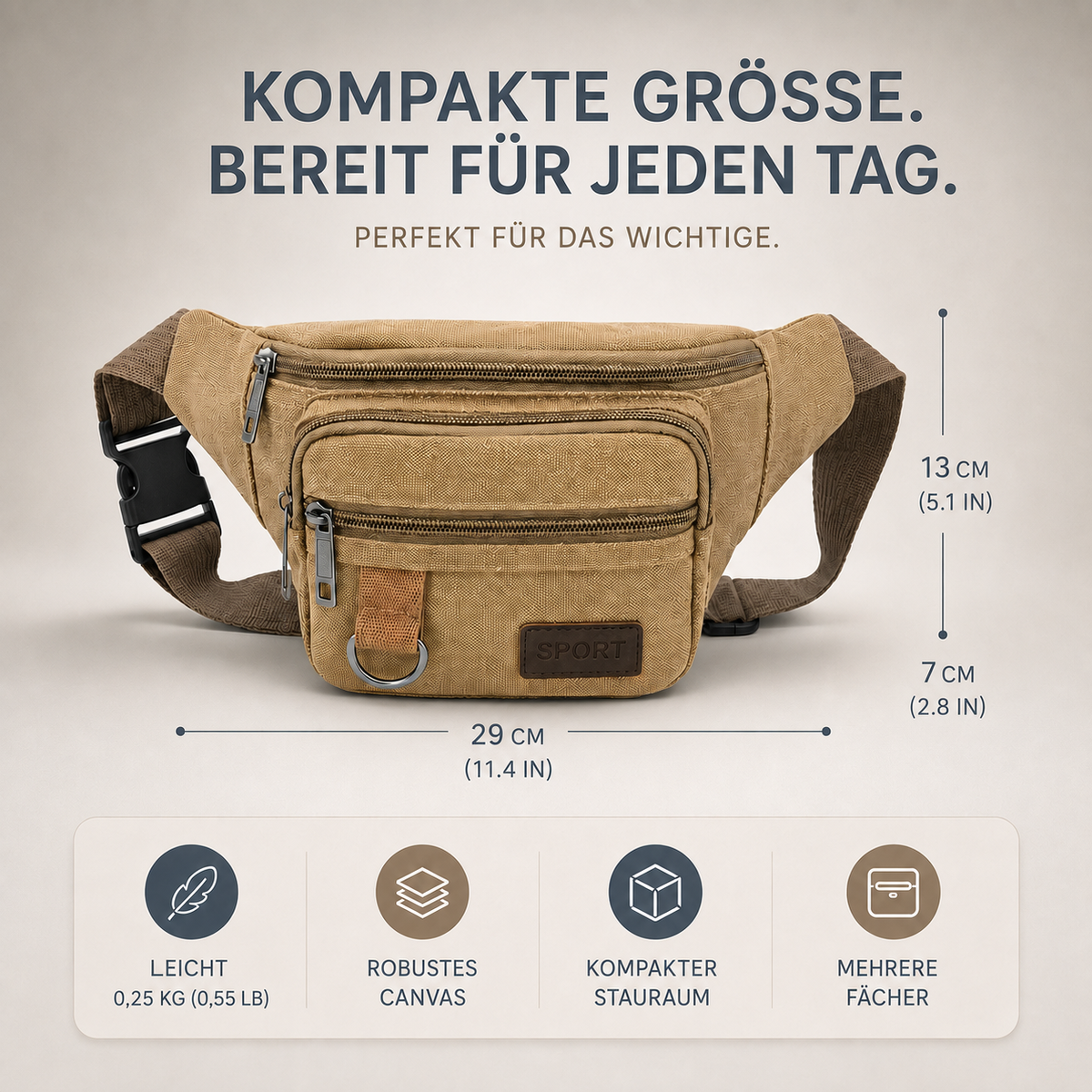 Sac banane en toile à plusieurs compartiments, unisexe, sac de voyage bandoulière pour un usage quotidien et les activités en plein air | Sansoti