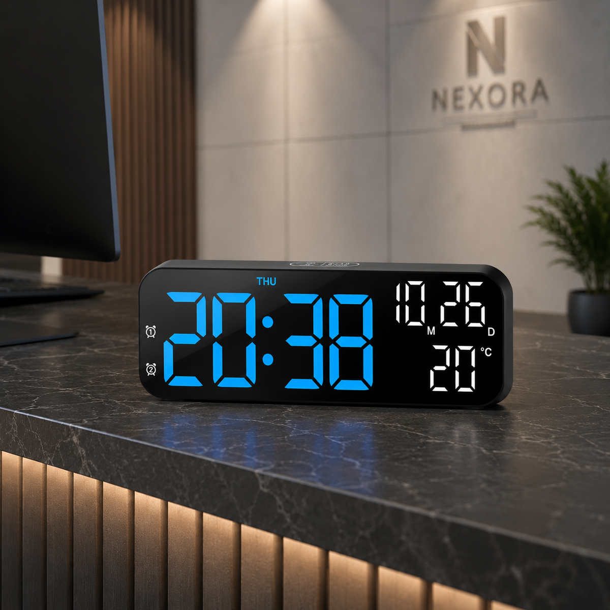 Horloge de table numérique à LED avec affichage de la température, commande vocale, alarme et réveil pour chambre, bureau et table de chevet | Sansoti