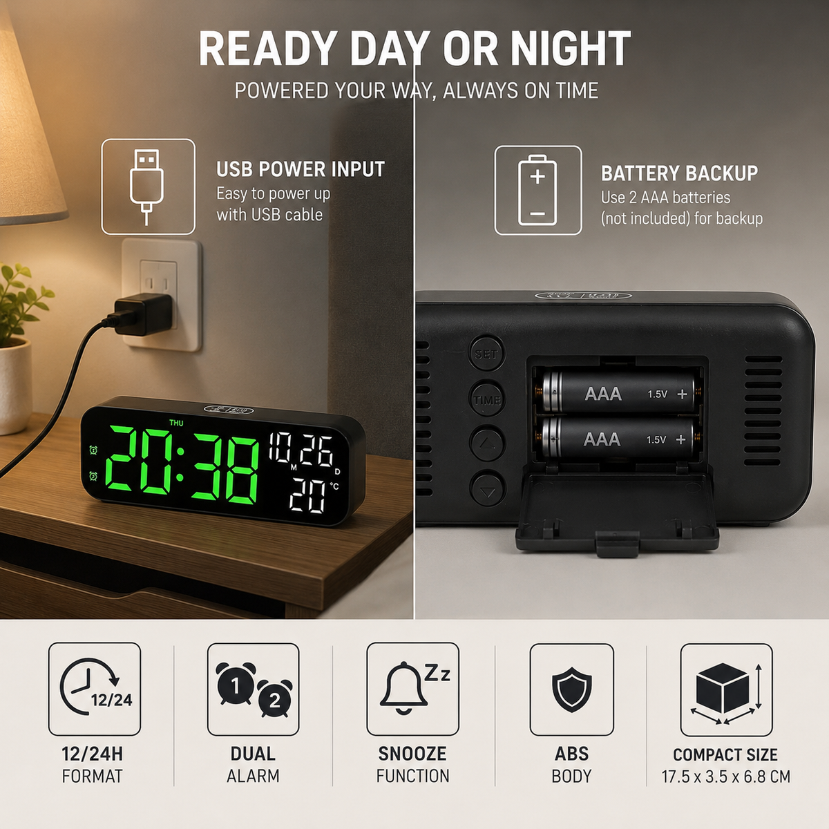 Horloge de table numérique à LED avec affichage de la température, commande vocale, alarme et réveil pour chambre, bureau et table de chevet | Sansoti