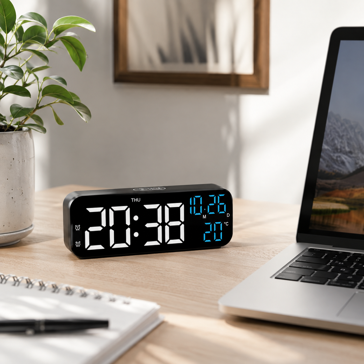 Horloge de table numérique à LED avec affichage de la température, commande vocale, alarme et réveil pour chambre, bureau et table de chevet | Sansoti