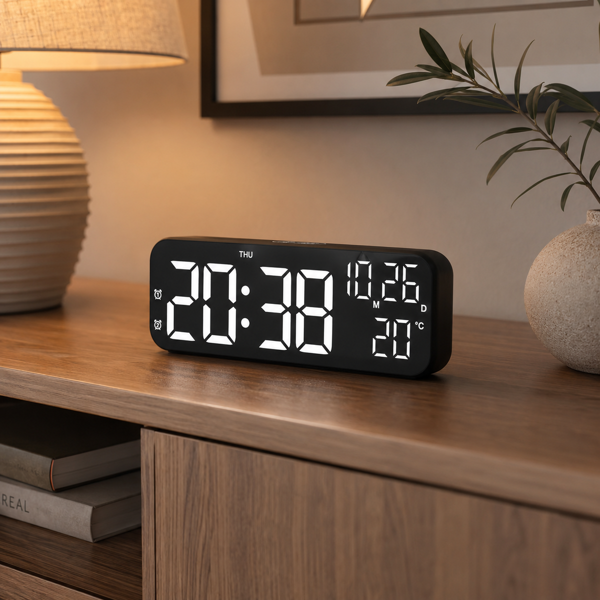 Horloge de table numérique à LED avec affichage de la température, commande vocale, alarme et réveil pour chambre, bureau et table de chevet | Sansoti