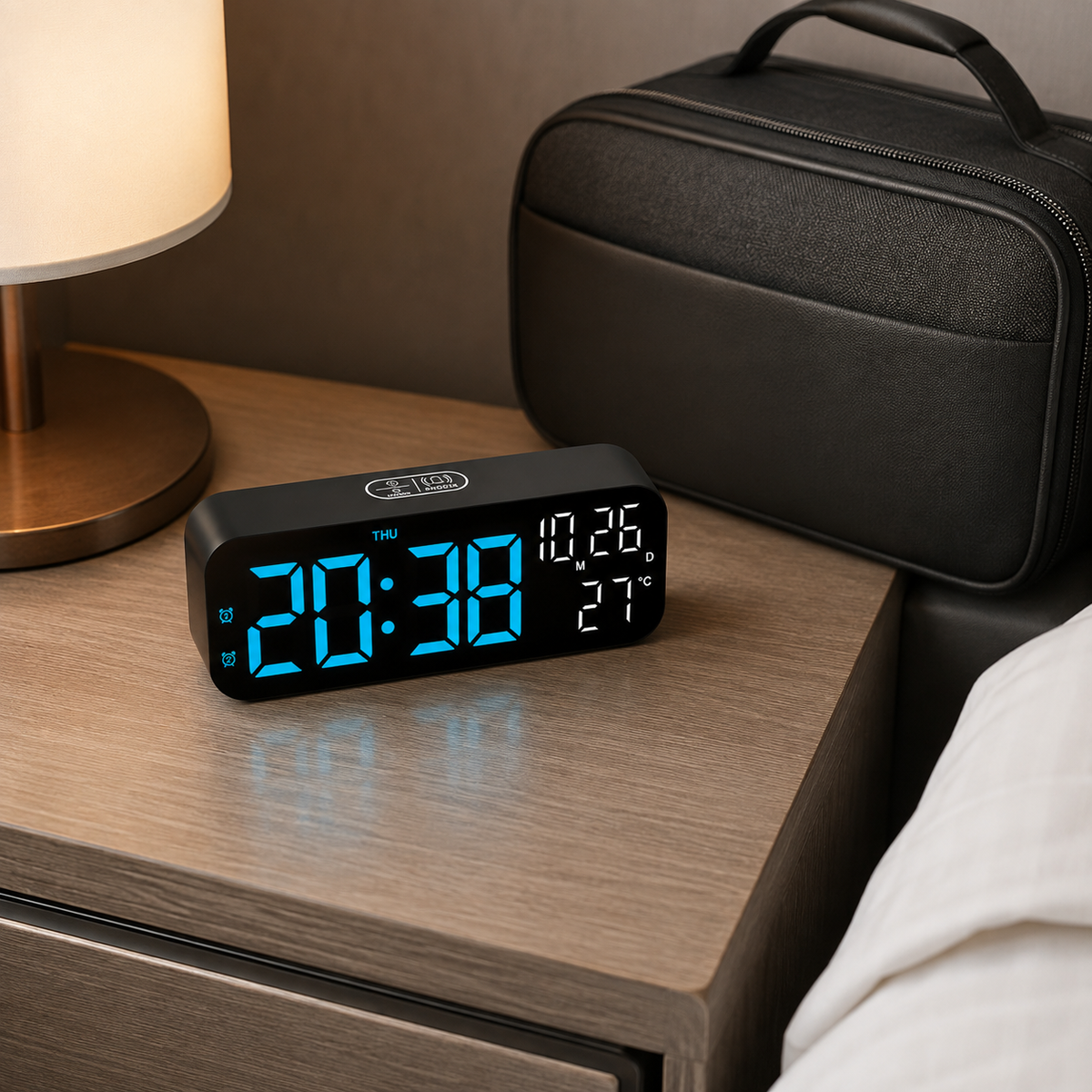 Horloge de table numérique à LED avec affichage de la température, commande vocale, alarme et réveil pour chambre, bureau et table de chevet | Sansoti