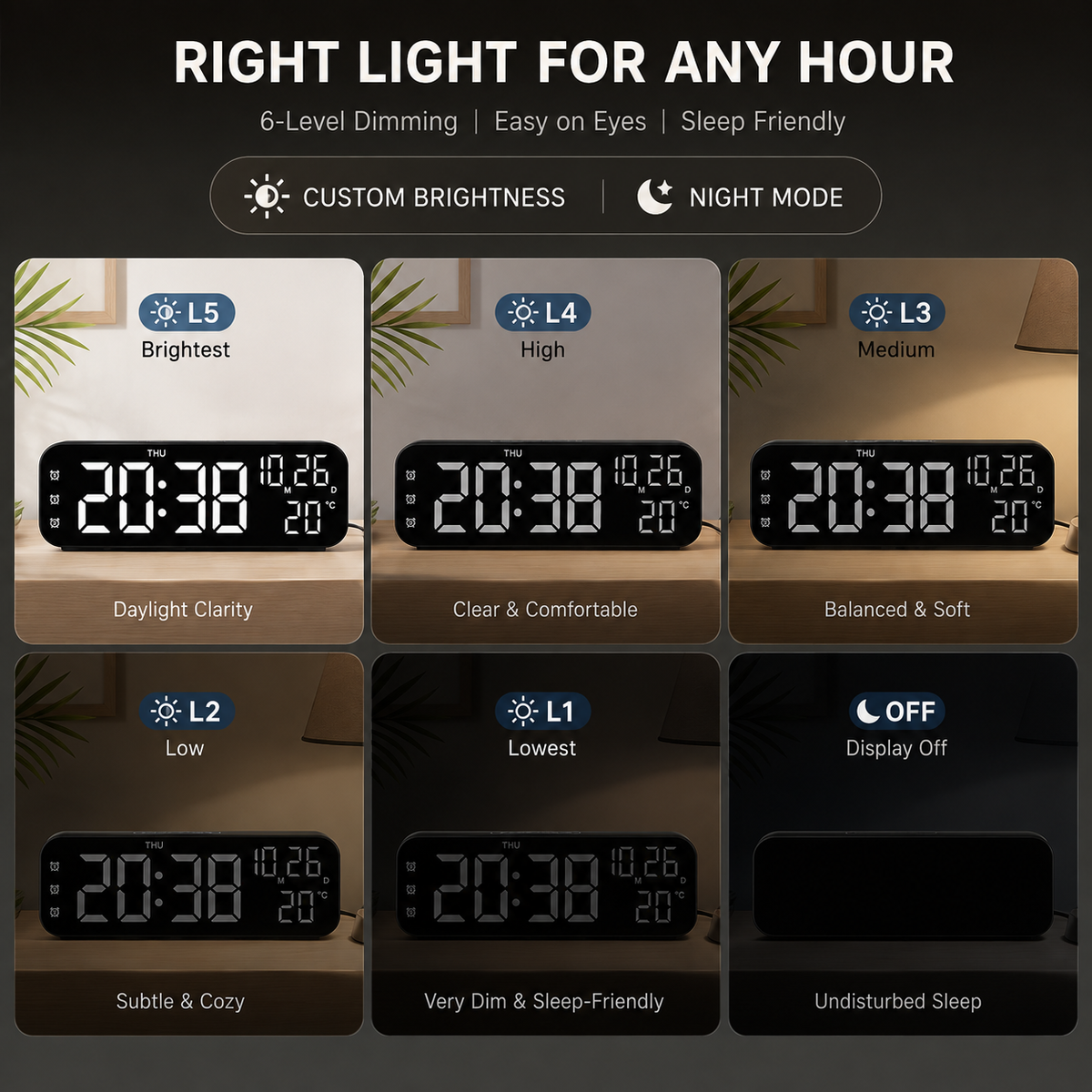 Horloge de table numérique à LED avec affichage de la température, commande vocale, alarme et réveil pour chambre, bureau et table de chevet | Sansoti