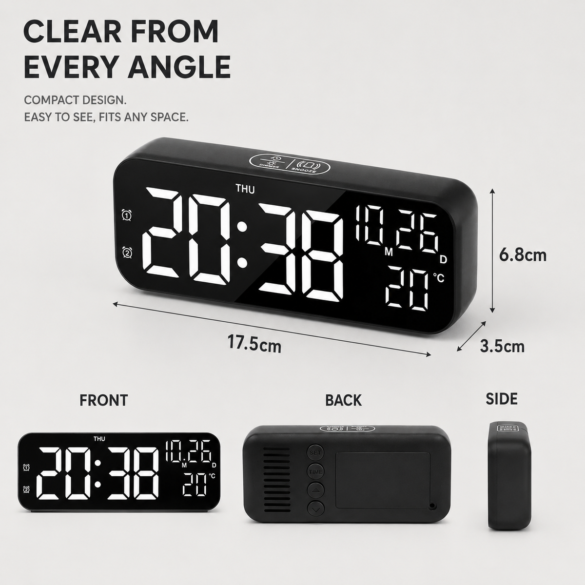 Horloge de table numérique à LED avec affichage de la température, commande vocale, alarme et réveil pour chambre, bureau et table de chevet | Sansoti