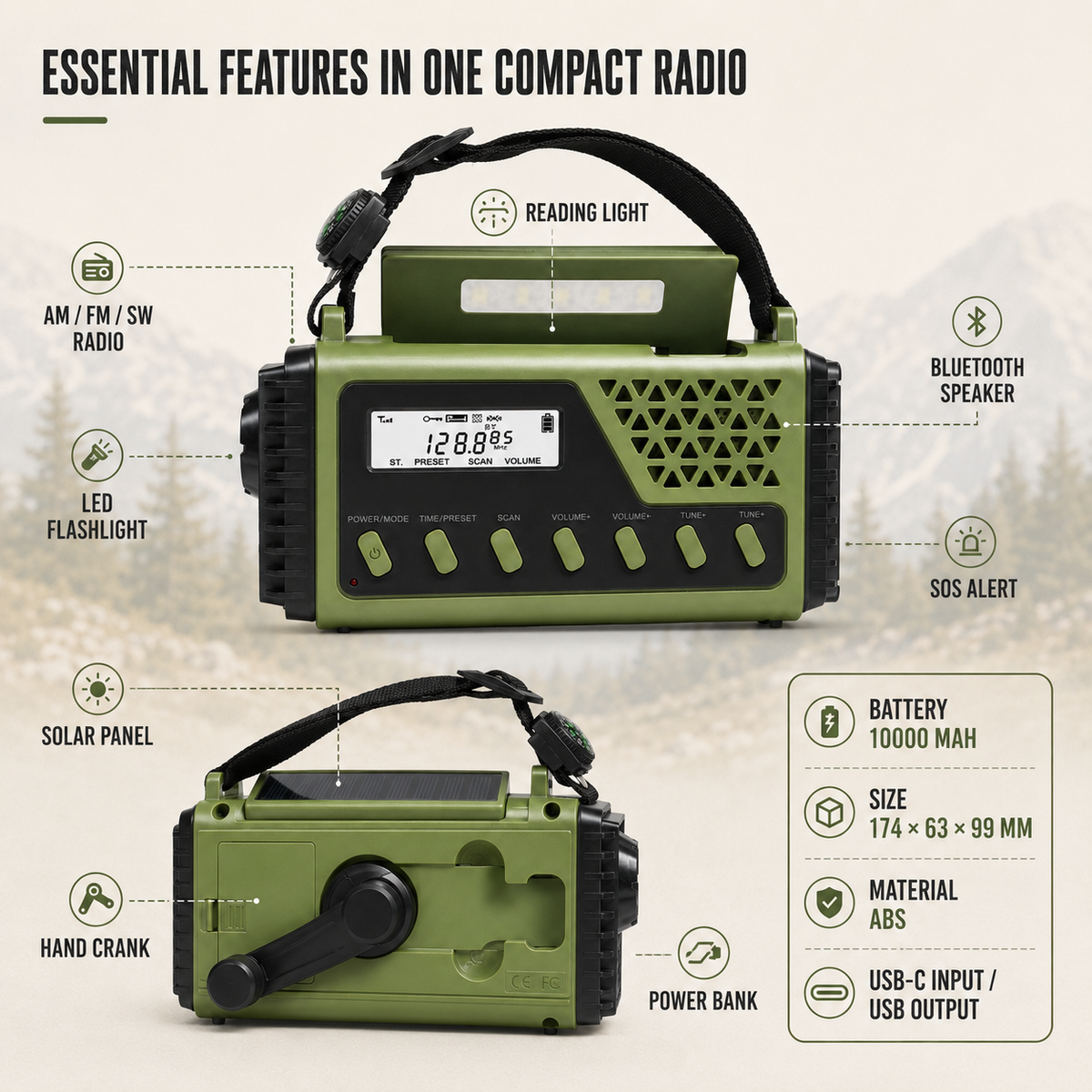 Notfallradio mit Kurbel, Solarbetrieb, Bluetooth, Powerbank und Taschenlampe, wiederaufladbar, 10000mAh für Camping | Sansoti