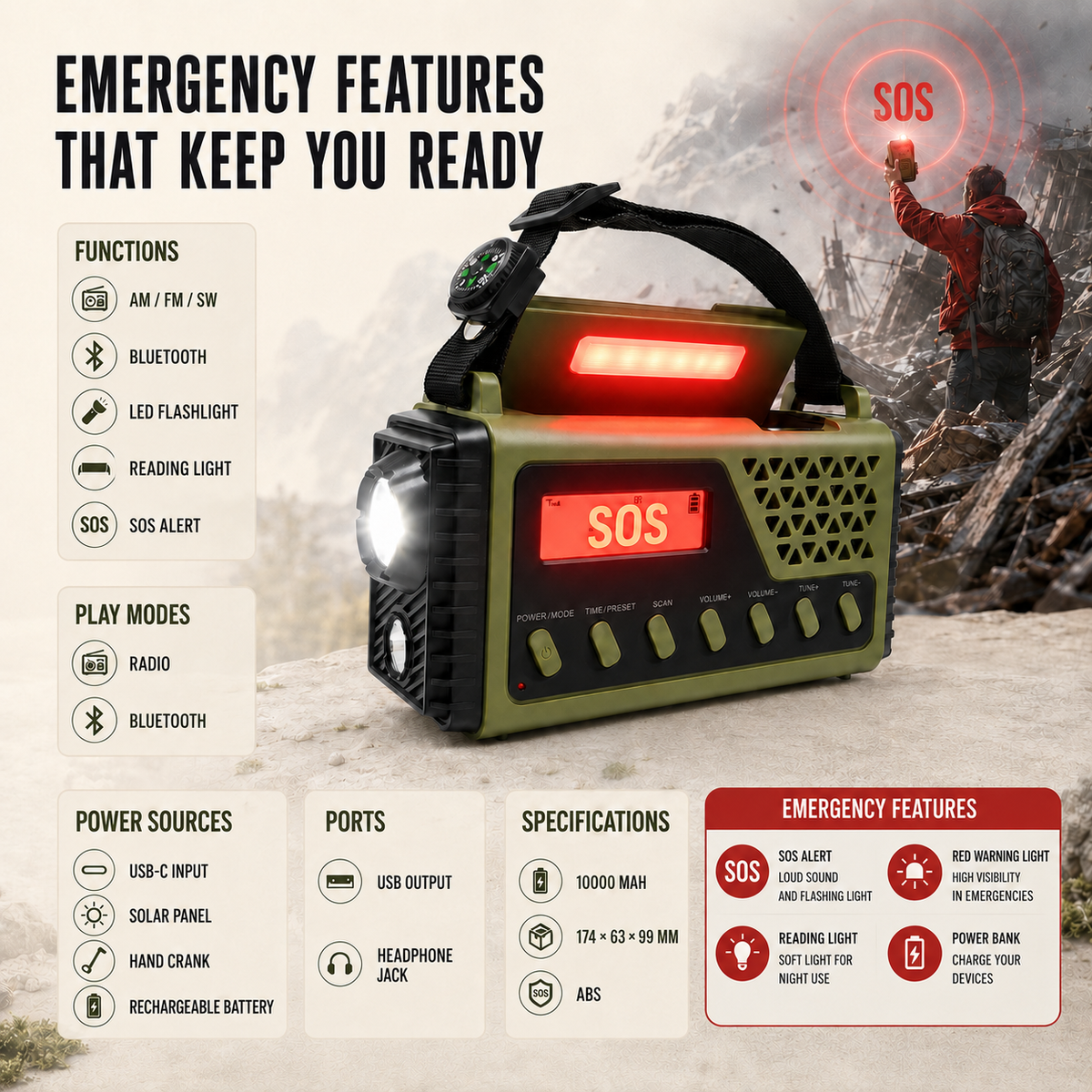 Notfallradio mit Kurbel, Solarbetrieb, Bluetooth, Powerbank und Taschenlampe, wiederaufladbar, 10000mAh für Camping | Sansoti