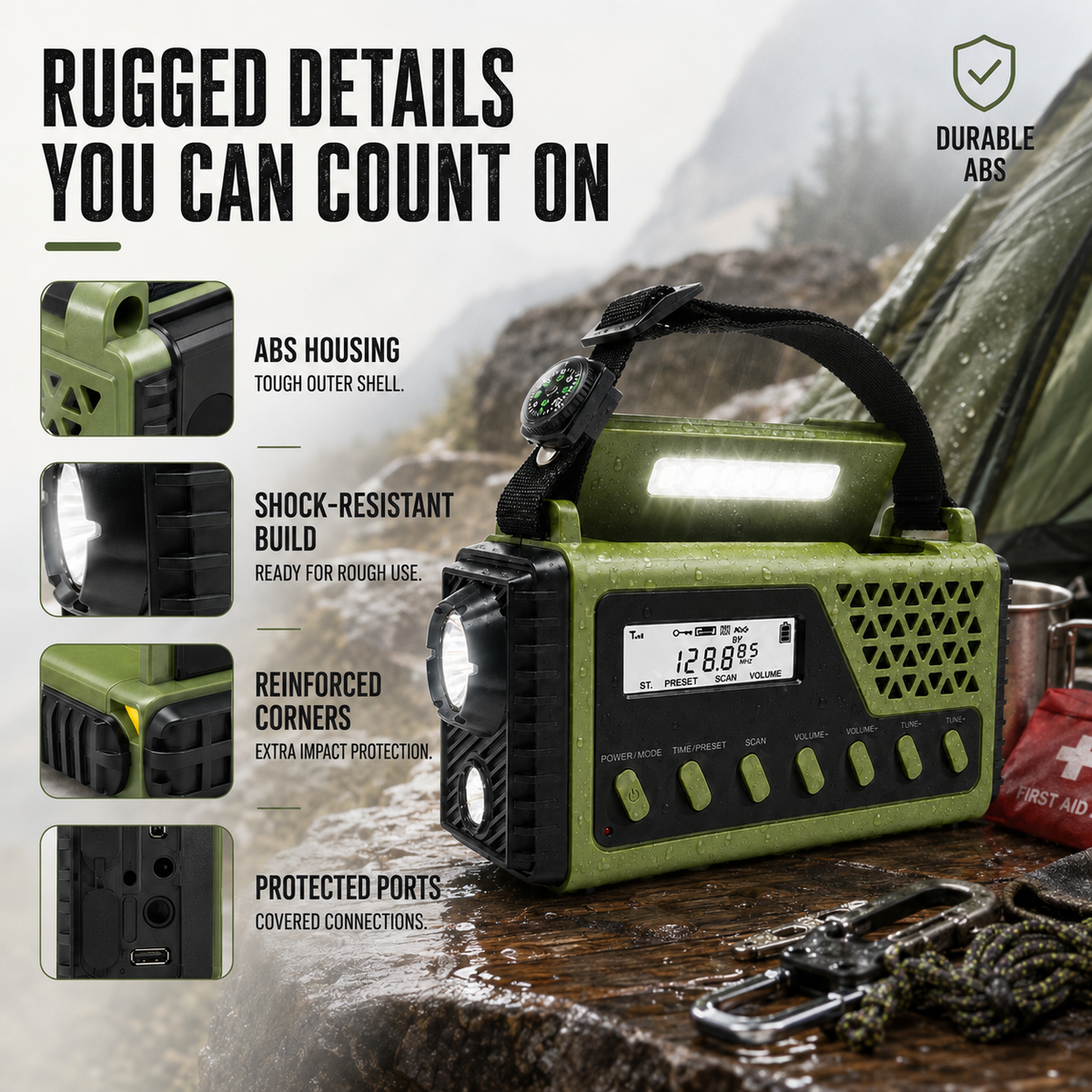 Notfallradio mit Kurbel, Solarbetrieb, Bluetooth, Powerbank und Taschenlampe, wiederaufladbar, 10000mAh für Camping | Sansoti