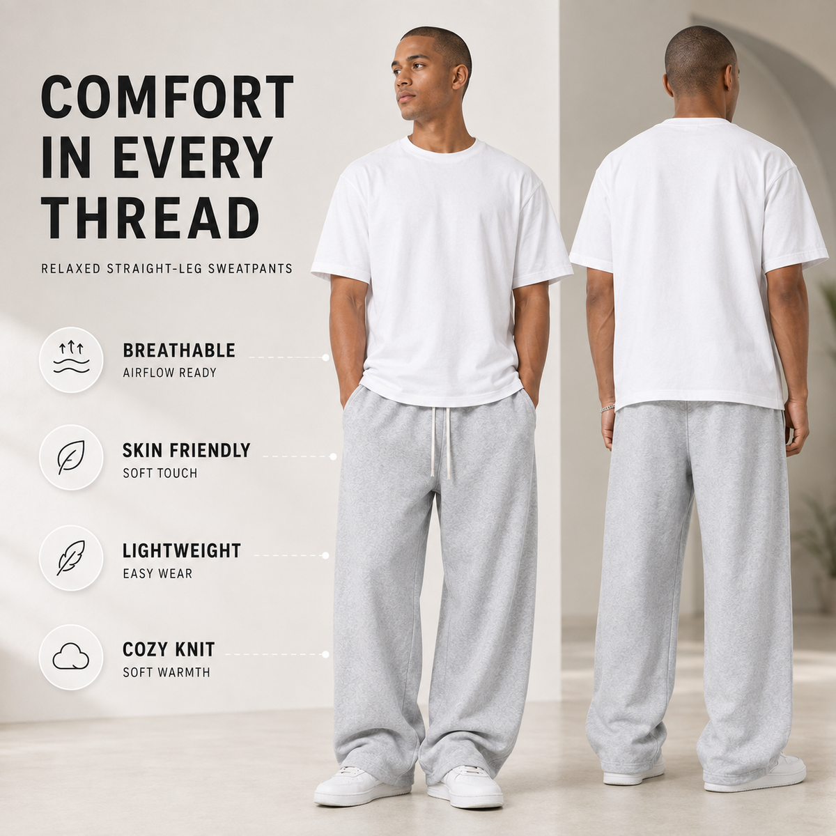 Full-Length Joggers Straight Fit Breathable Knitted Sports Trousers Drawstring Elastic Casual Women's Men's | Sansoti
