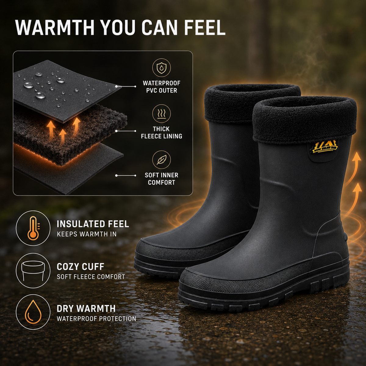 Insulated Men's Mid-Calf Rain Boots Non-Slip Waterproof Winter Boots Lined Outdoor Walking Shoes | Sansoti