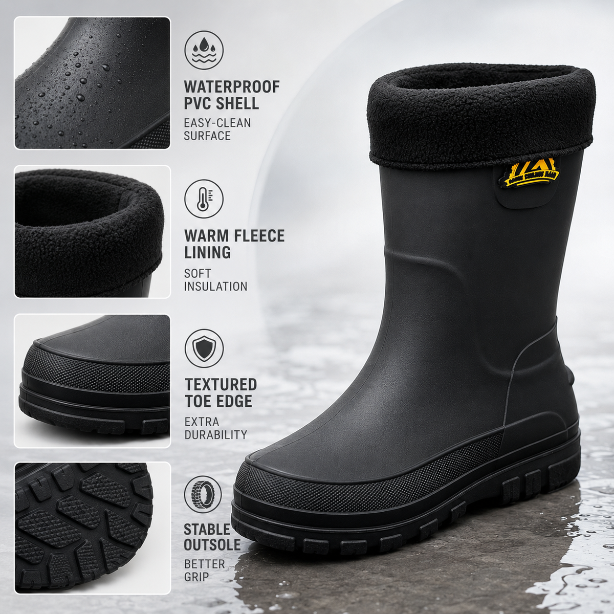 Insulated Men's Mid-Calf Rain Boots Non-Slip Waterproof Winter Boots Lined Outdoor Walking Shoes | Sansoti