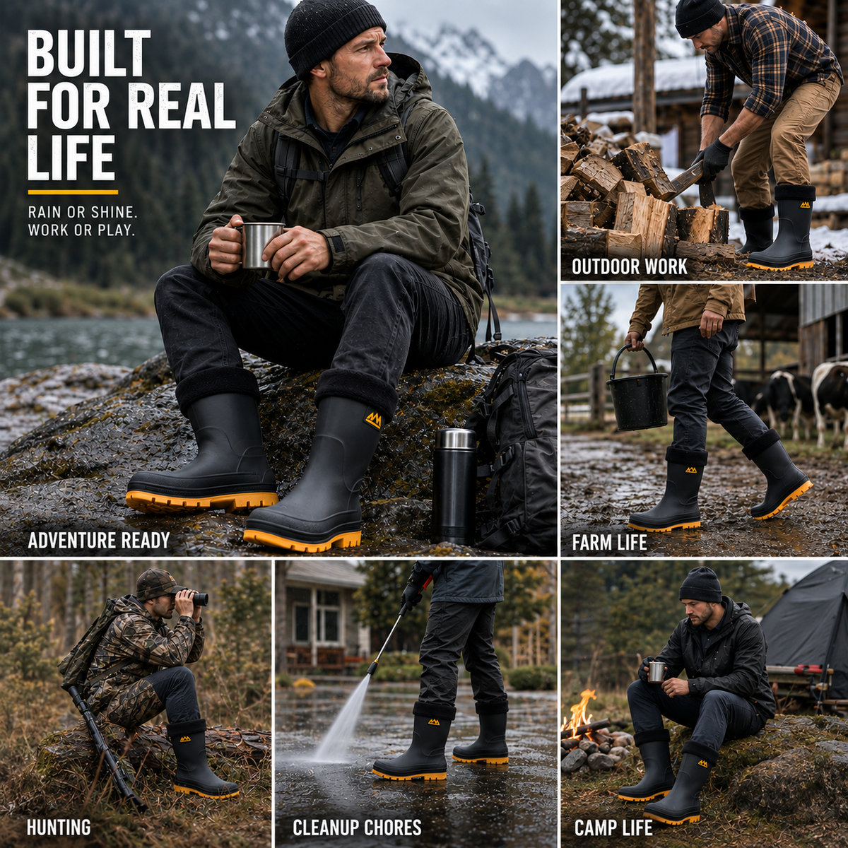Insulated Men's Mid-Calf Rain Boots Non-Slip Waterproof Winter Boots Lined Outdoor Walking Shoes | Sansoti
