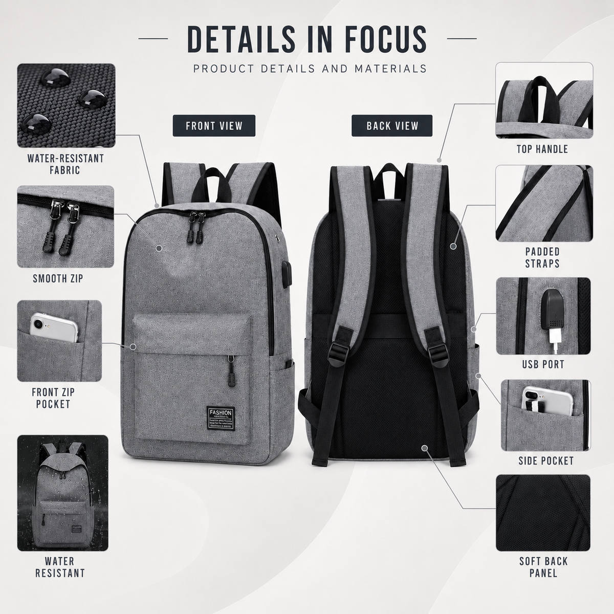 Minimalist 41cm Laptop Backpack, Daily Use, USB Charging Port, Adjustable, Padded, Functional | Sansoti