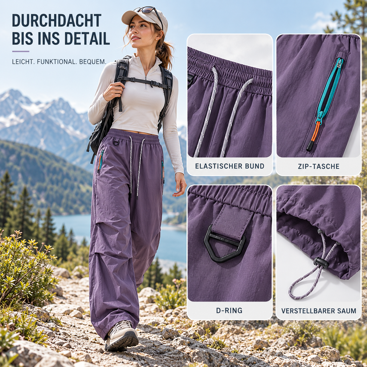 Wasserdichte Wanderhose für Damen mit elastischem Bund, verstellbaren Hosenbeinen, atmungsaktiv, für Outdoor, Hiking und Trekking | Sansoti