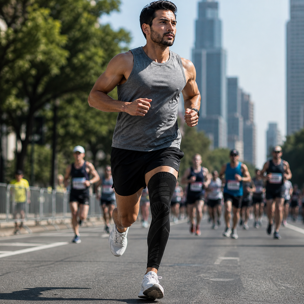 Full-Leg Compression Sleeve, Sports Support, Knee Stability, Black, Running, Fitness, Training | Sansoti