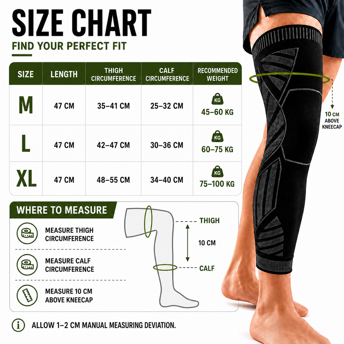 Full-Leg Compression Sleeve, Sports Support, Knee Stability, Black, Running, Fitness, Training | Sansoti