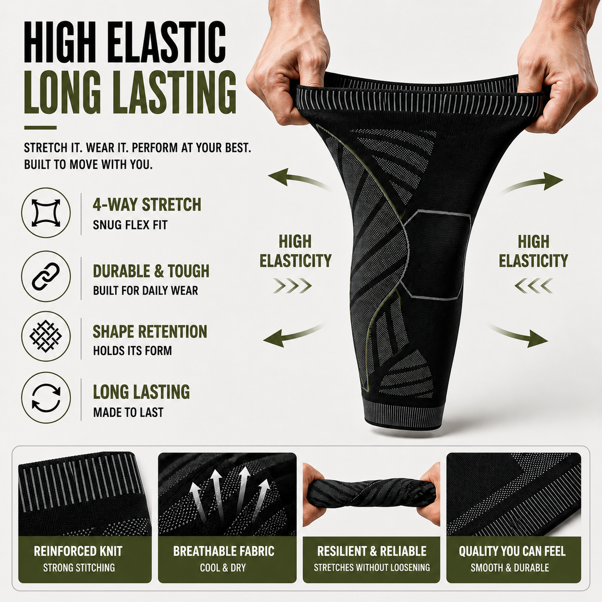 Full-Leg Compression Sleeve, Sports Support, Knee Stability, Black, Running, Fitness, Training | Sansoti