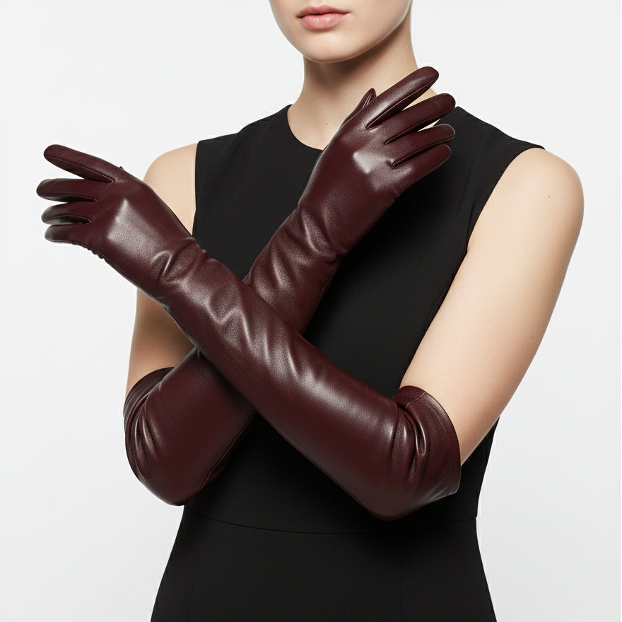 Lange Lederhandschuhe für Damen bis zum Ellenbogen, Winterhandschuhe, gefüttert, warm, modisch, elegant, touchscreenfähig | Sansoti