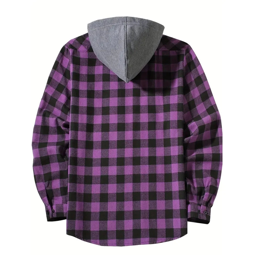 Koszula w kratę z kapturem, długim rękawem, z bawełny i poliestru, męska, streetwear, casual, na wiosnę i jesień, z kieszeniami | Sansoti