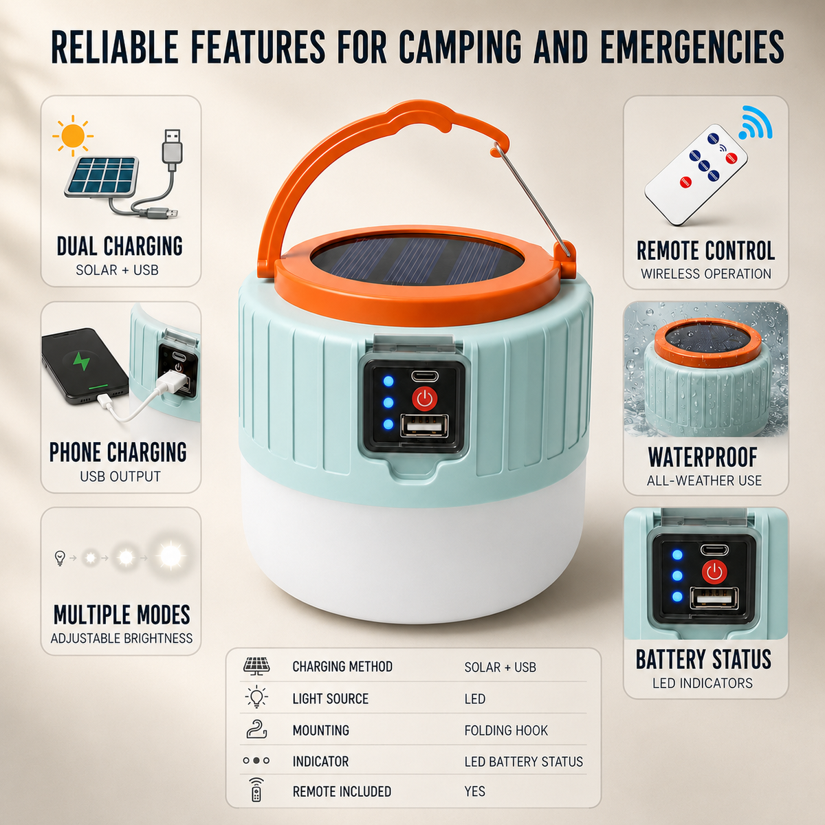 Wiederaufladbare Solar-LED-Laterne mit Fernbedienung, wasserdicht, für Camping, Garten, Terrasse und den Außenbereich | Sansoti