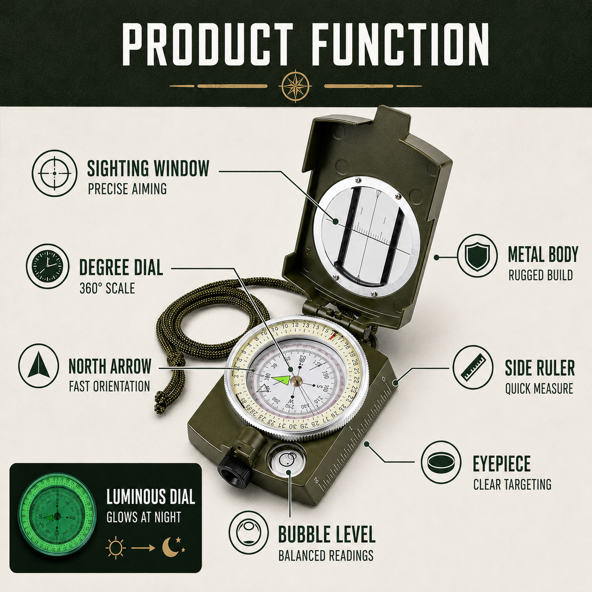 Folding Sighting Compass for Hiking, Camping, Outdoor Navigation, Emergency Tool, Precision, Waterproof | Sansoti