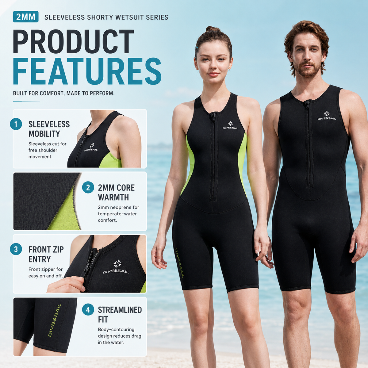 Ärmelloser Shorty-Neoprenanzug 2 mm für Wärme beim Schwimmen, Surfen, Schnorcheln und Tauchen in gemäßigten Gewässern | Sansoti