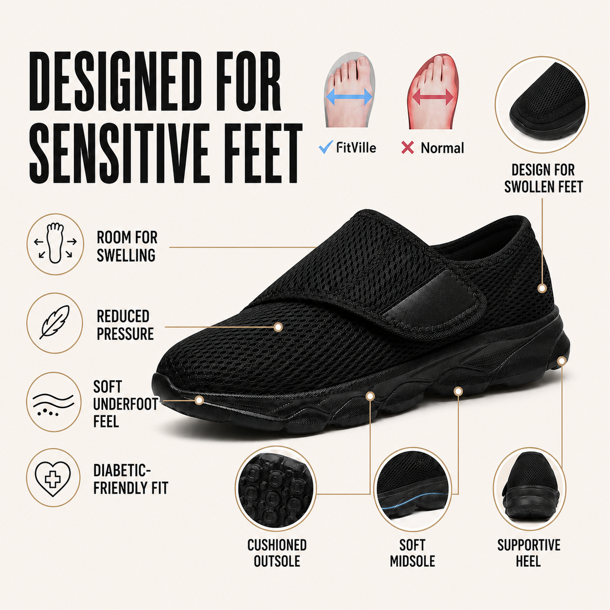 Orthopädischer Wanderschuh Extraweit Verstellbar Komfortabel Geräumige Passform Atmungsaktives Mesh Unterstützung | Sansoti