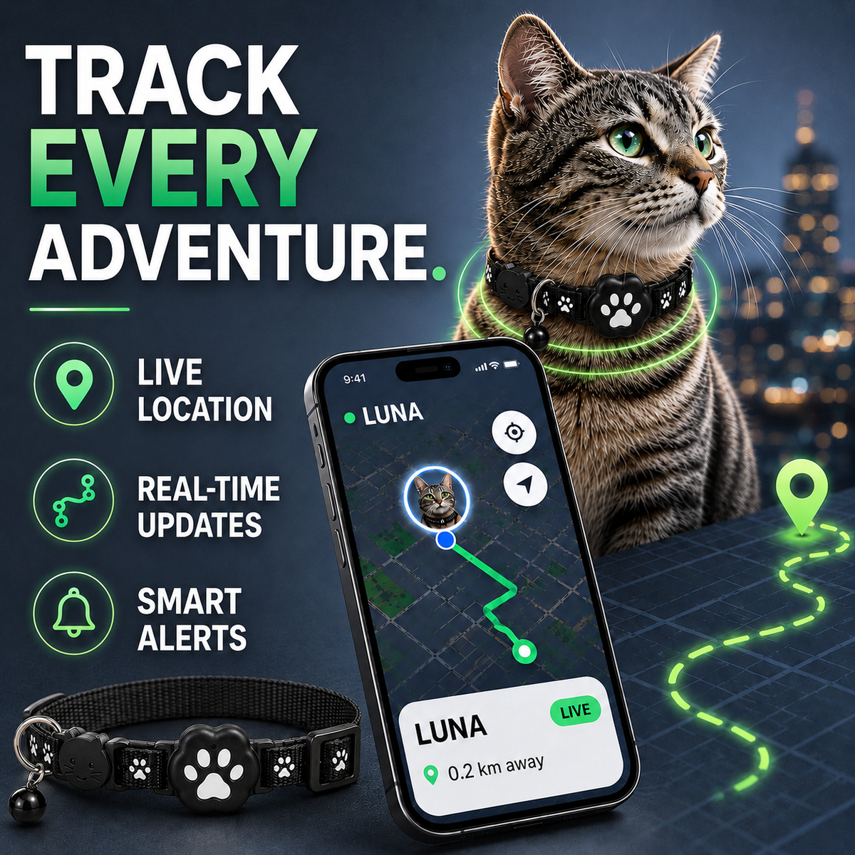 GPS Cat Collar with Live Tracker & App Adjustable Waterproof Reflective Safety Design for Cats | Sansoti