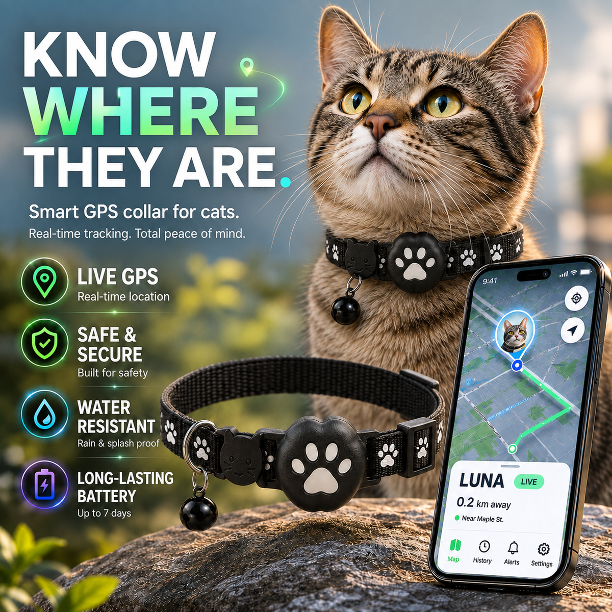 GPS Cat Collar with Live Tracker & App Adjustable Waterproof Reflective Safety Design for Cats | Sansoti